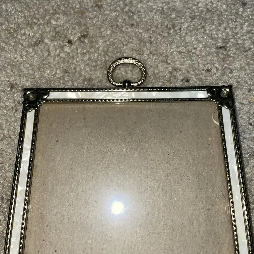 Vintage 5x7 Brass Picture Frame w/ Iridescent Inlay & Ring Hanger